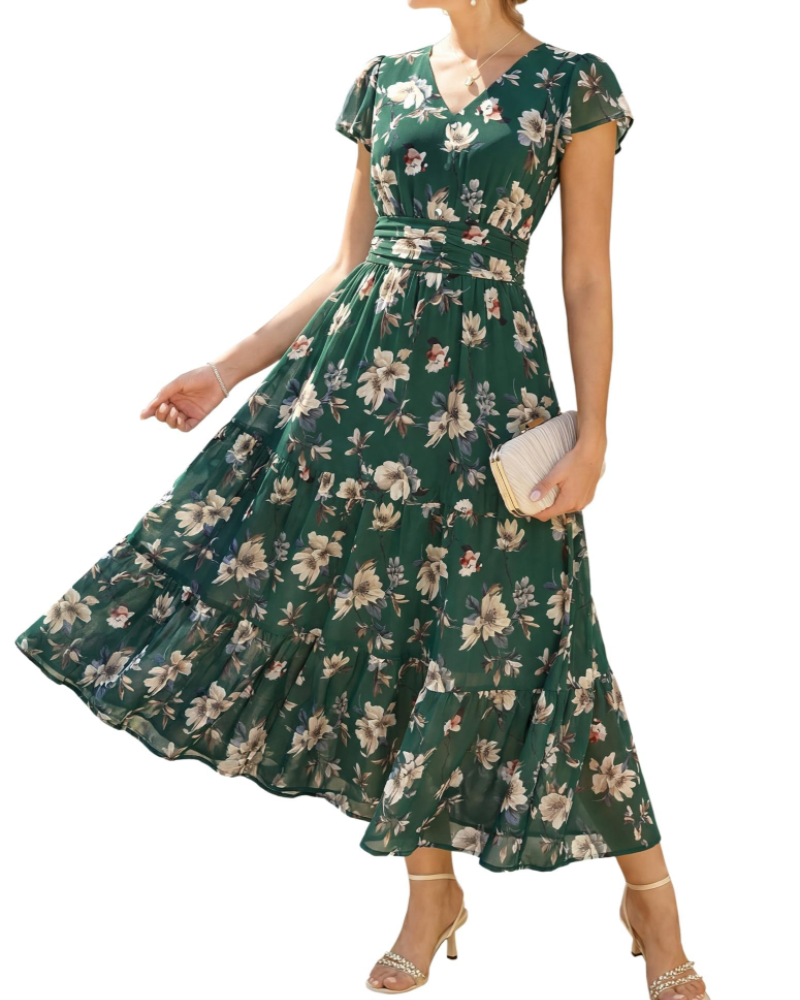 Livia Abito A-Linie Damen – Blumenkleid mit V-Ausschnitt und Volantärmeln