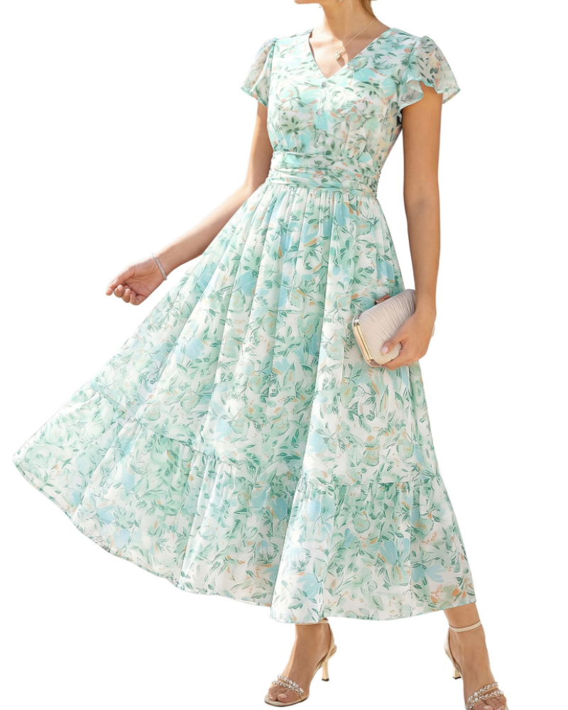 Livia Abito A-Linie Damen – Blumenkleid mit V-Ausschnitt und Volantärmeln