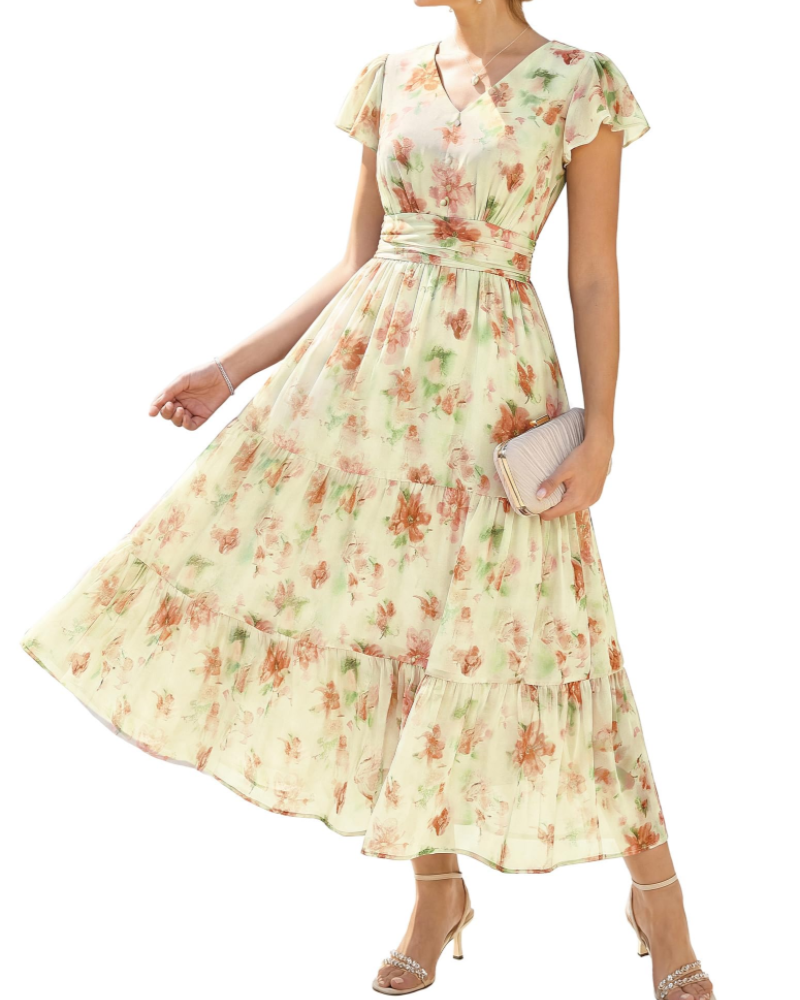 Livia Abito A-Linie Damen – Blumenkleid mit V-Ausschnitt und Volantärmeln