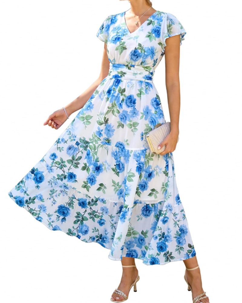 Livia Abito A-Linie Damen – Blumenkleid mit V-Ausschnitt und Volantärmeln