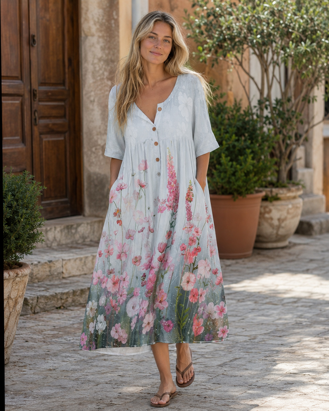 Robe longue pour femme Maya – Imprimé floral bohème, col en V et manches bouffantes