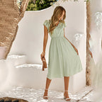 Camille Robe Femme Midi Élégante – Robe Col V, Manches Volantées, Fluide Chic