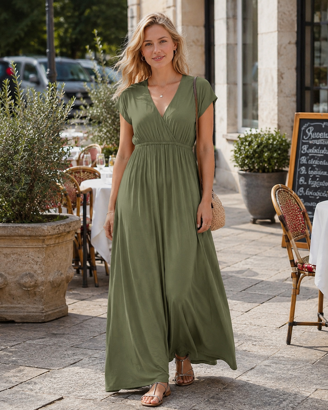 Nora Women's Maxi Dress – V-Neck, Empire Waist & Dolman Sleeves