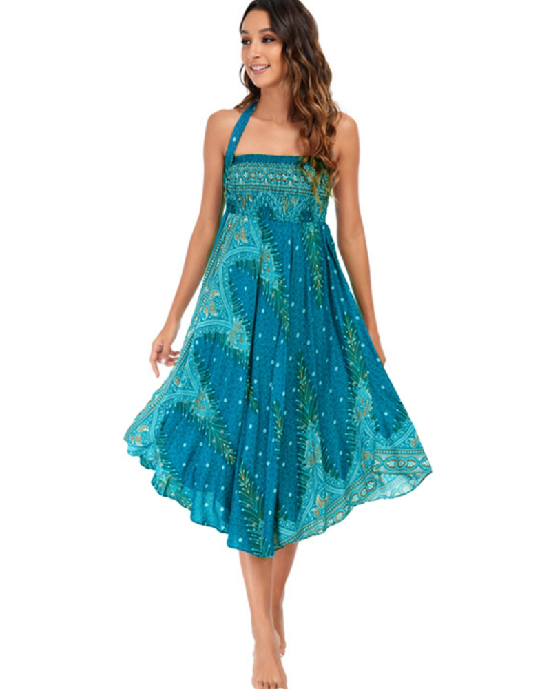 Ophelia Abito Maxi Donna 2 in 1 – Senza Maniche, Stampa Boho e Dettagli Arricciati