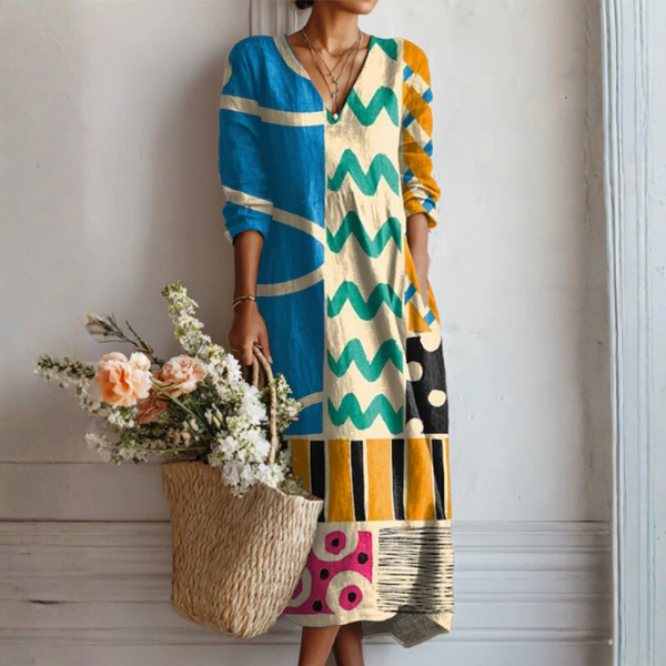 Robe vintage Lara pour femme – Robe midi à imprimé géométrique, légère et respirante