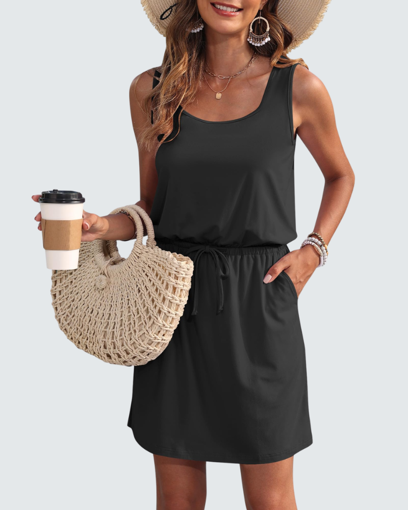 Harper Women's Summer Dress – Sleeveless Short Dress with Drawstring and Pockets