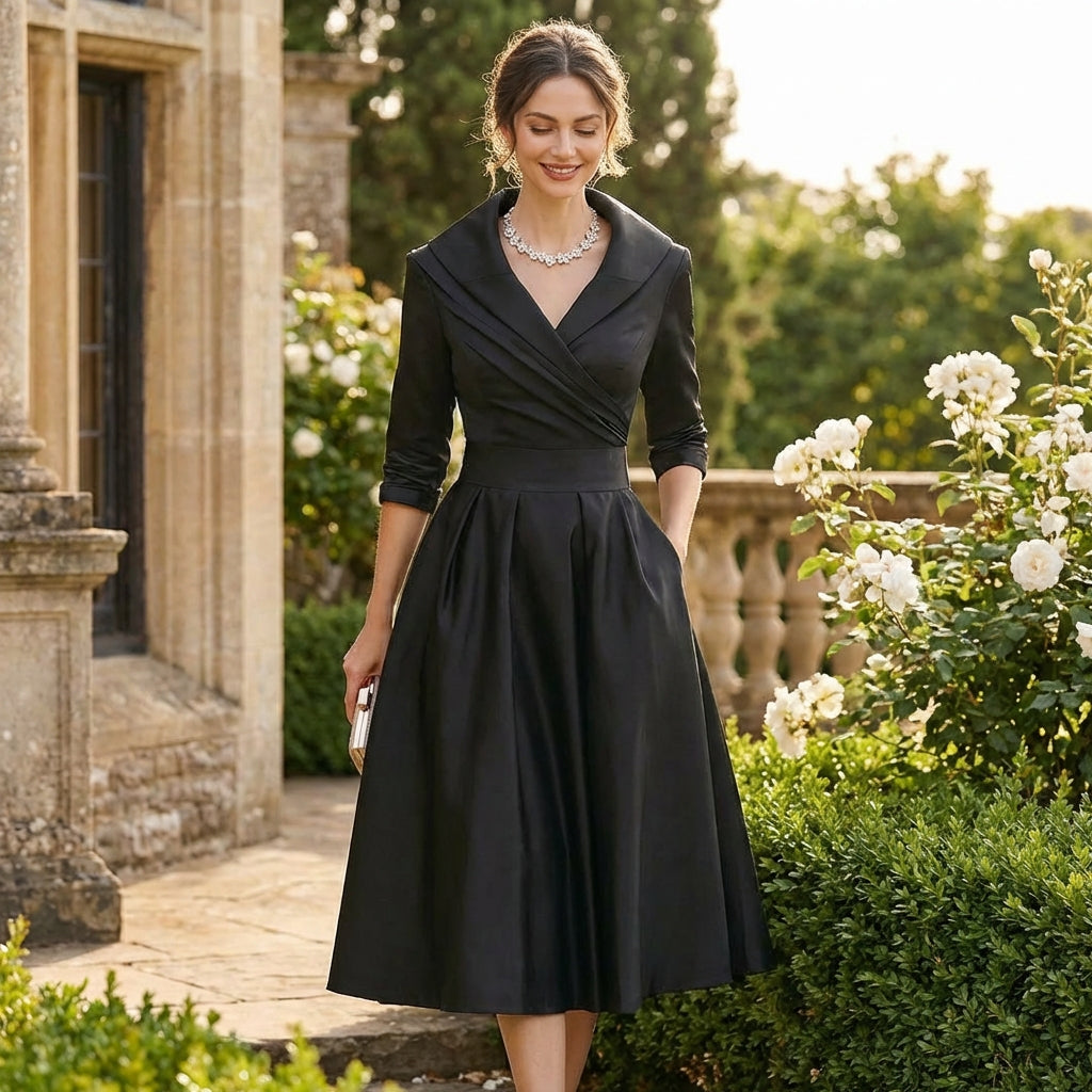 Audrey Abito Donna Midi Wrap – Collo Revers, Gonna Plissé Elegante Vintage