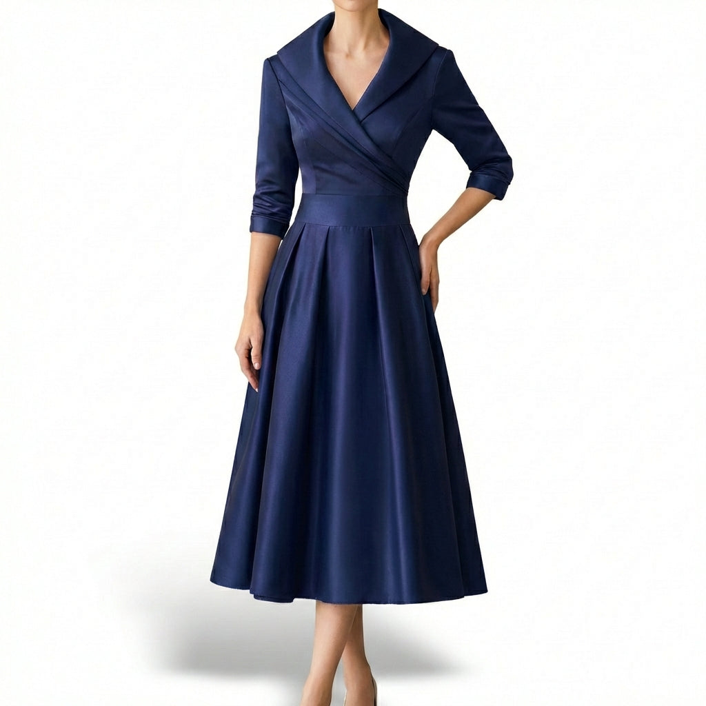 Audrey Vestido Midi para Mujer Cruzado – Cuello Solapa, Falda Plisada Elegante Vintage
