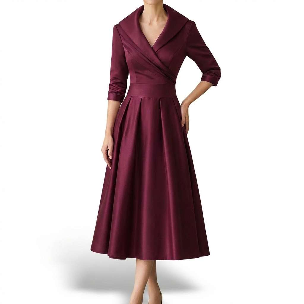 Audrey Vestido Midi para Mujer Cruzado – Cuello Solapa, Falda Plisada Elegante Vintage