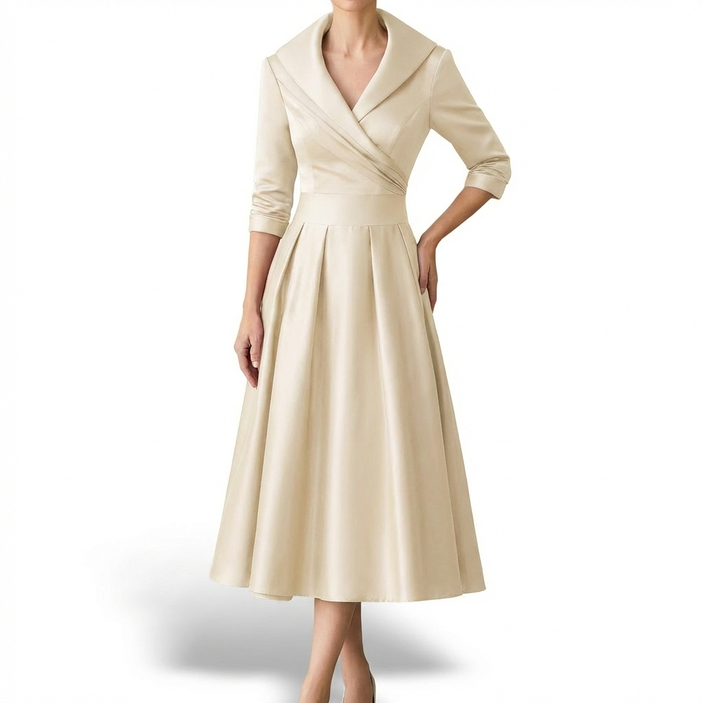 Audrey Vestido Midi para Mujer Cruzado – Cuello Solapa, Falda Plisada Elegante Vintage