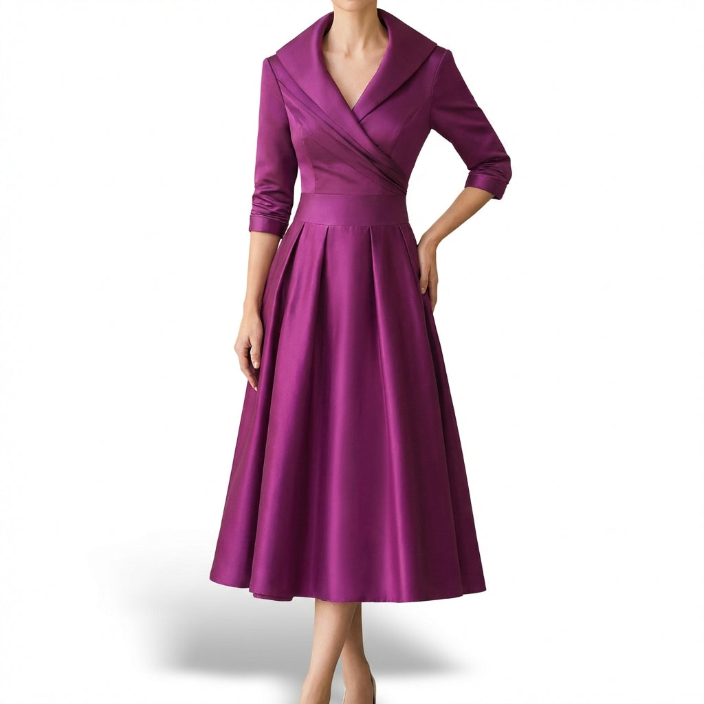 Audrey Vestido Midi para Mujer Cruzado – Cuello Solapa, Falda Plisada Elegante Vintage