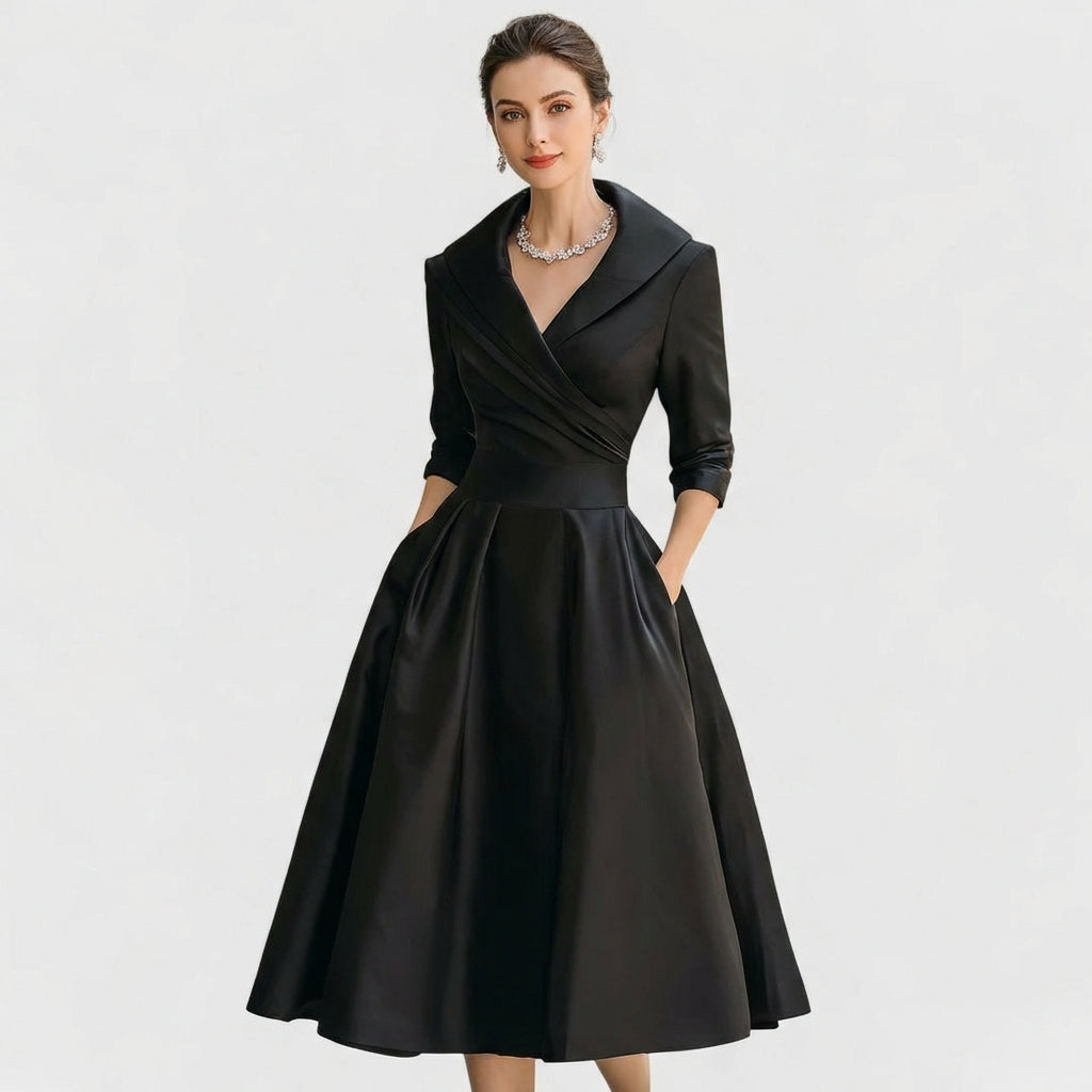 Audrey Vestido Midi para Mujer Cruzado – Cuello Solapa, Falda Plisada Elegante Vintage