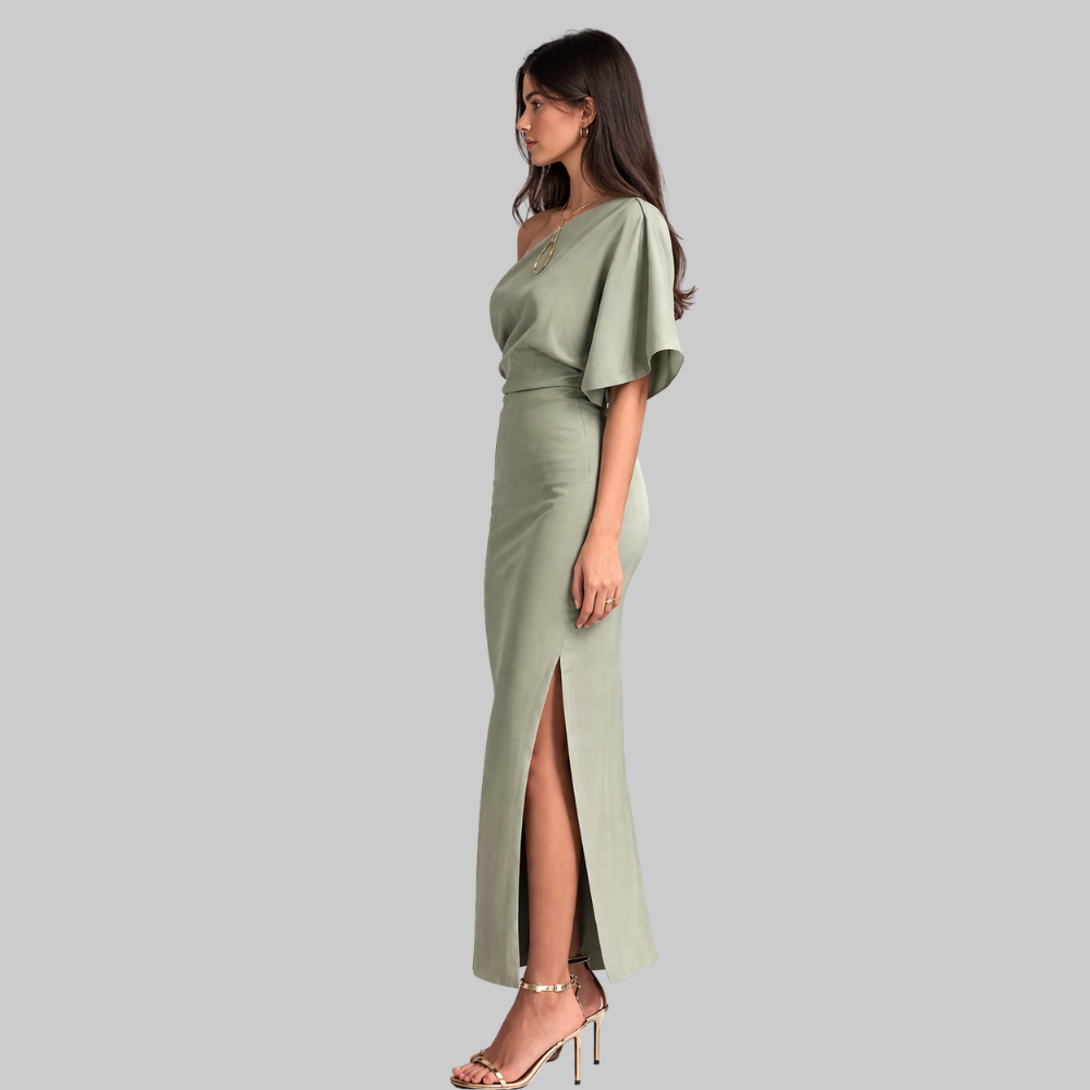 Isabella Robe Femme Satin Asymétrique – Robe Élégante Une Épaule avec Fente Haute