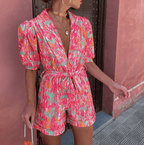 Chiara Combinaison Femme Courte – Col V, Ceinture avec Nœud Élégant Décontracté