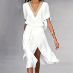 Mariselle Robe Midi Femme – Décolleté en V Élégant, Design Minimaliste & Tissu Respirant