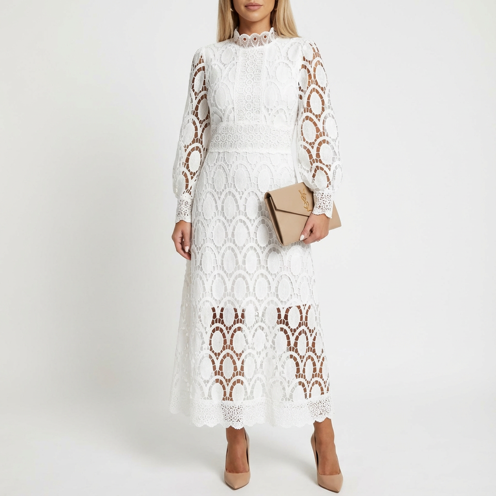 Valentina Vestido Mujer Midi Elegante – Línea A Cuello Alto, Encaje Mangas Largas