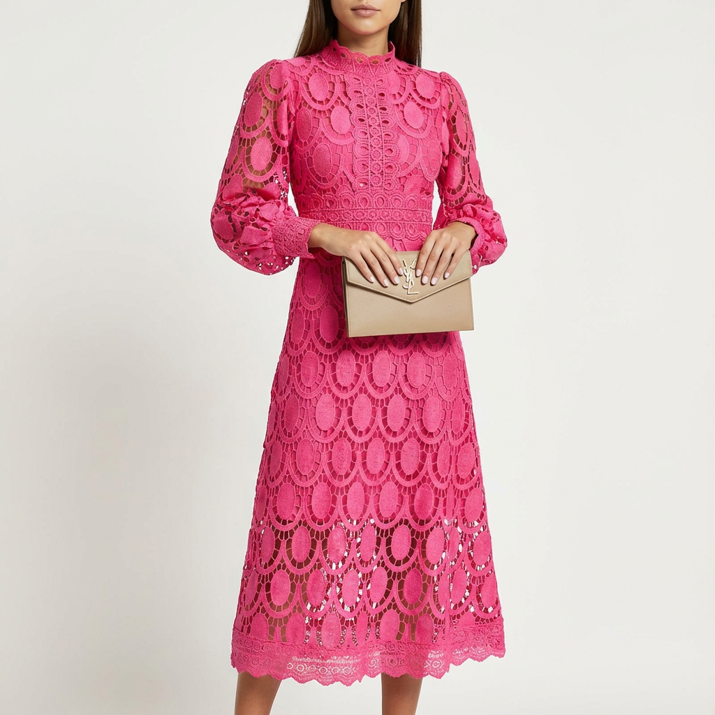Valentina Vestido Mujer Midi Elegante – Línea A Cuello Alto, Encaje Mangas Largas