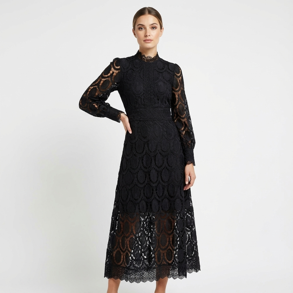 Valentina Robe Femme Midi Élégante – Ligne A Col Haut, Dentelle Manches Longues