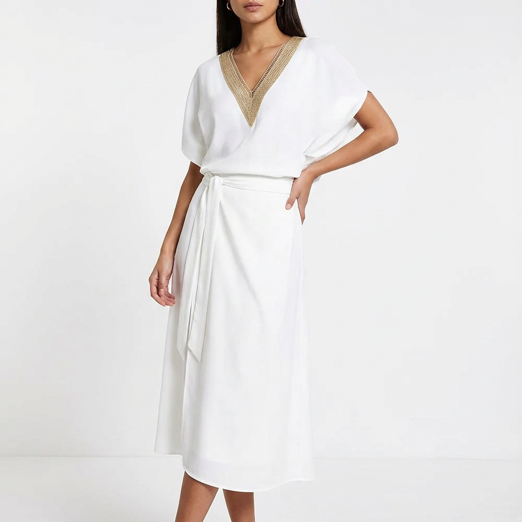 Sofía Vestido Midi para Mujer Cruzado – Escote en V, Cinturón en la Cintura, Abertura Elegante