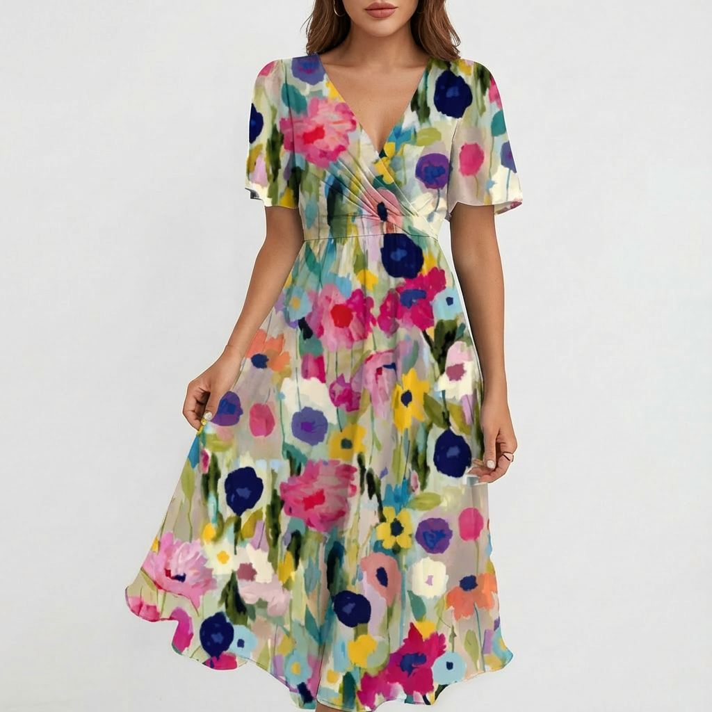 Elisa Vestido Midi Floral para Mujer – Vestido Cruzado con Escote en V Elegante de Verano