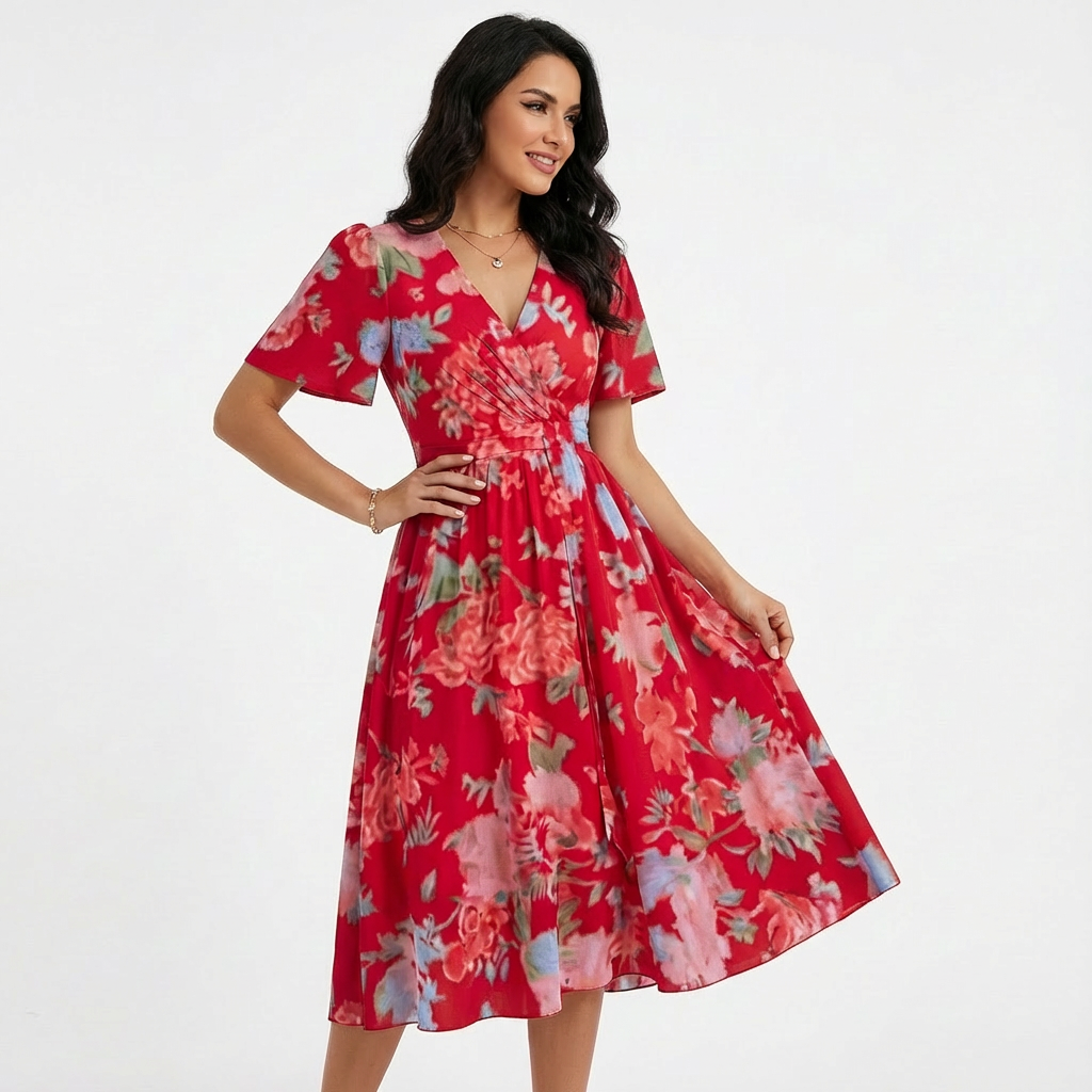 Elisa Vestido Midi Floral para Mujer – Vestido Cruzado con Escote en V Elegante de Verano