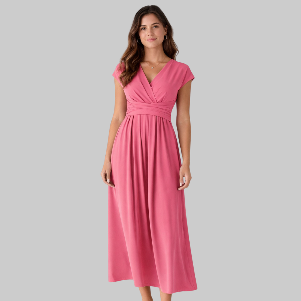 Leona Vestido Mujer Midi de Verano – Vestido con escote en V y lazo en la espalda elegante