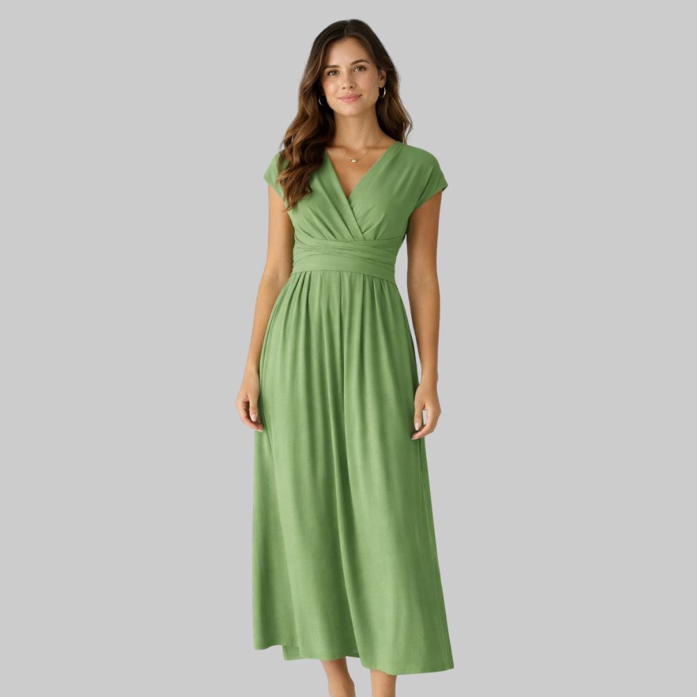 Leona Vestido Mujer Midi de Verano – Vestido con escote en V y lazo en la espalda elegante