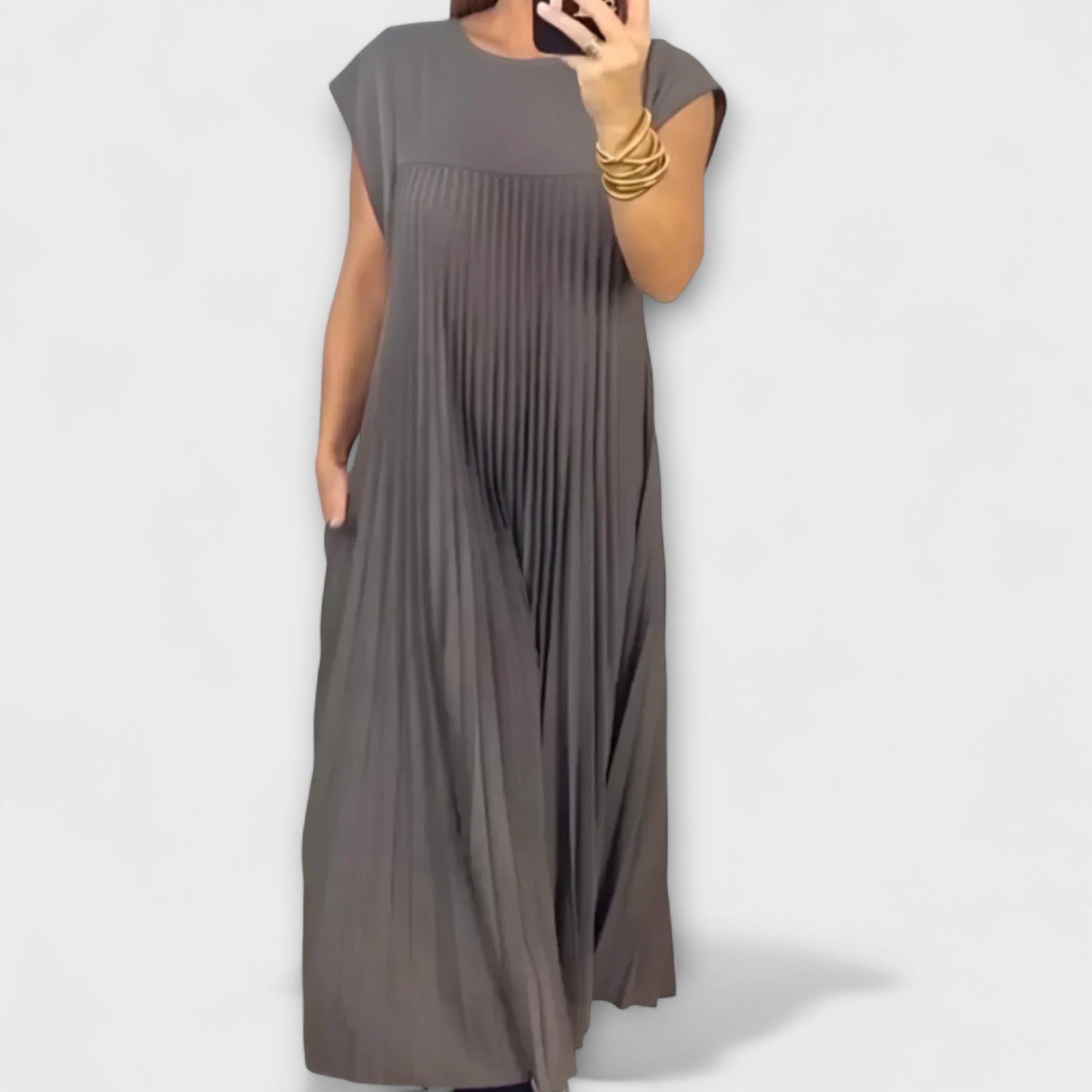 Lucresia Vestido Midi Plisado para Mujer – Vestido Línea A, Mangas Volantes Elegante Casual