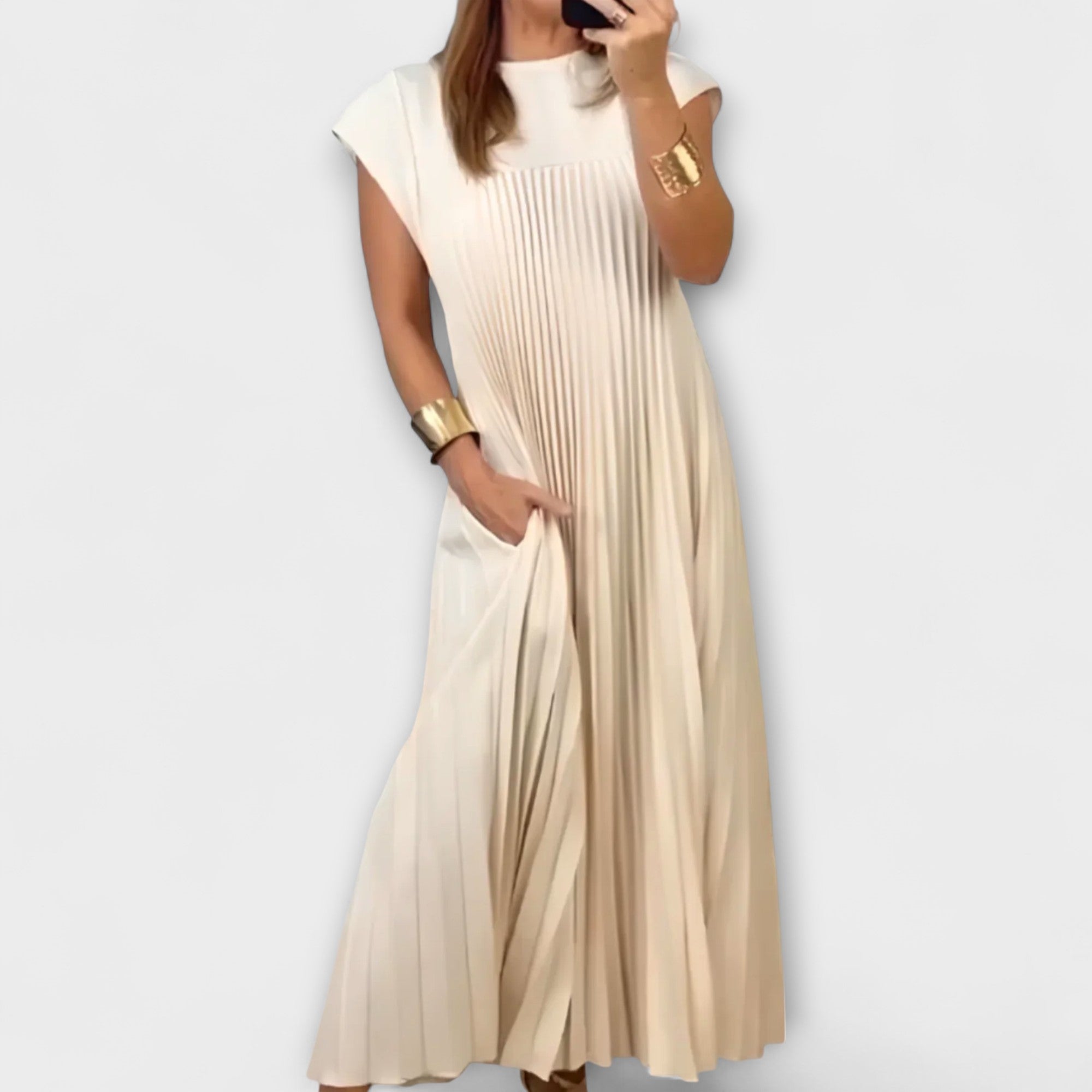 Lucresia Vestido Midi Plisado para Mujer – Vestido Línea A, Mangas Volantes Elegante Casual