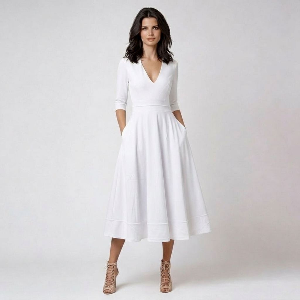 Aurora Vestido Midi para Mujer Marfil – Escote en V, Mangas 3/4 Elegante para Ceremonia