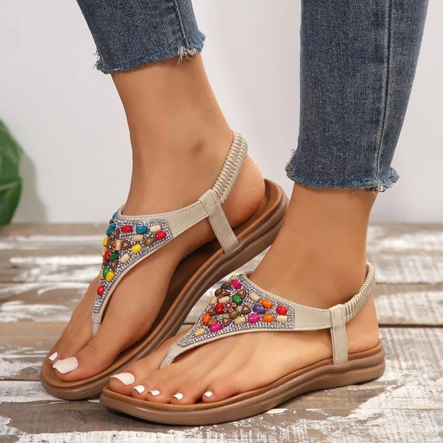 Giulia Sandali Femme Perles – Bracelet T, Semelle Souple Élégante d'Été