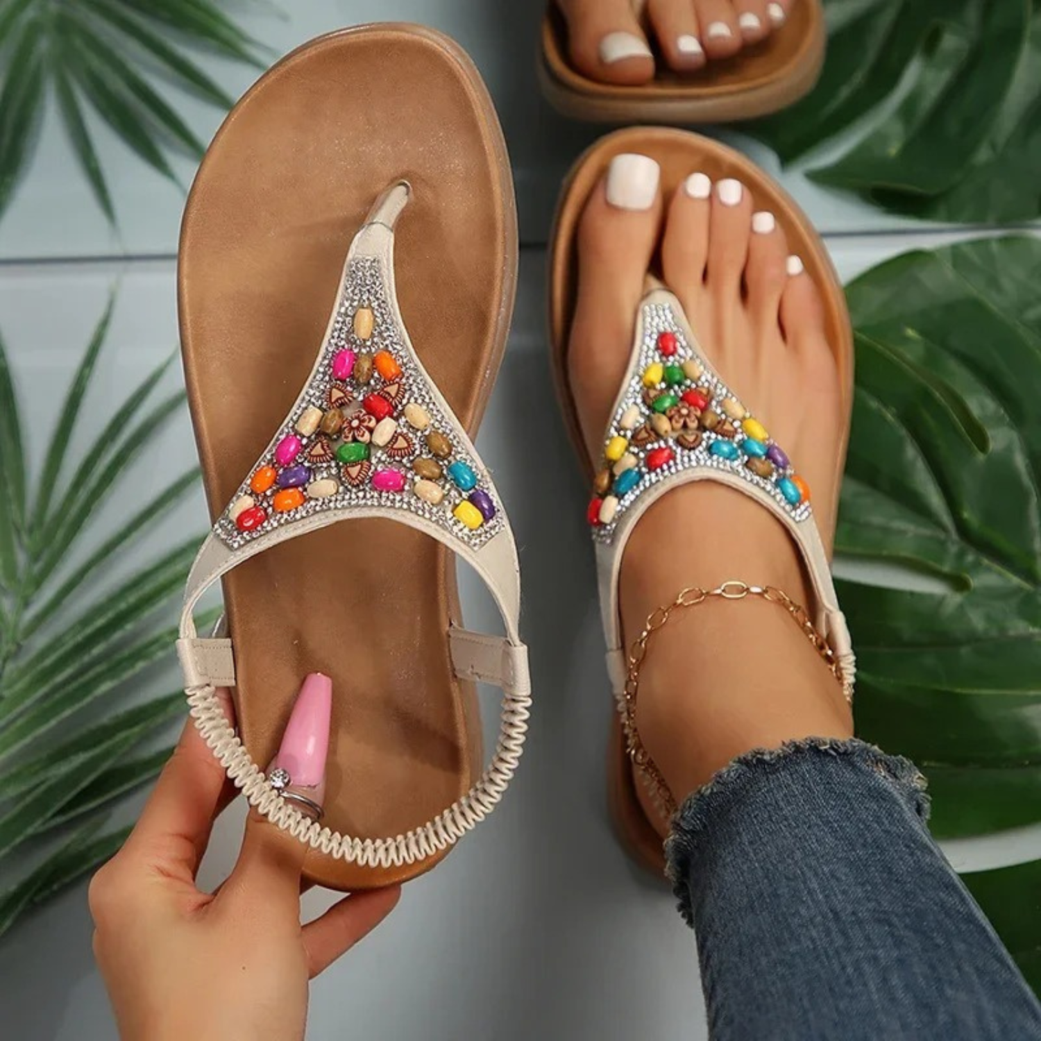 Giulia Sandali Femme Perles – Bracelet T, Semelle Souple Élégante d'Été
