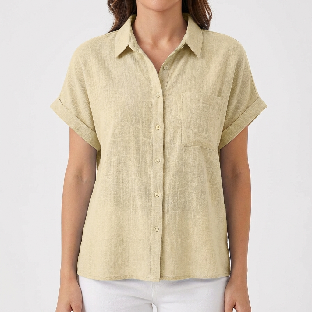 Donita Camisa Mujer Verano – Mangas Cortas Remangadas, Ajuste Suave Casual Chic