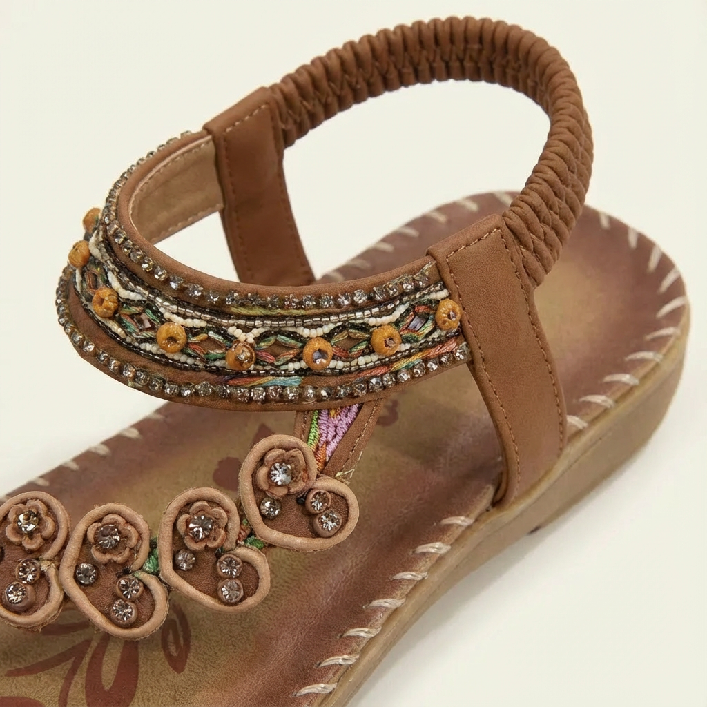 Sandales Luna Femme Boho – Perles Florales, Semelle Plate, Bride d'Été
