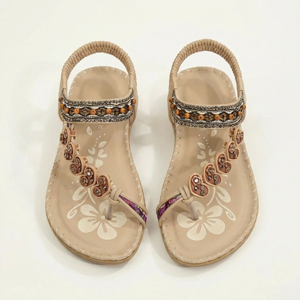 Sandalias Luna para mujer Boho – Perlas florales, suela plana, correa de verano