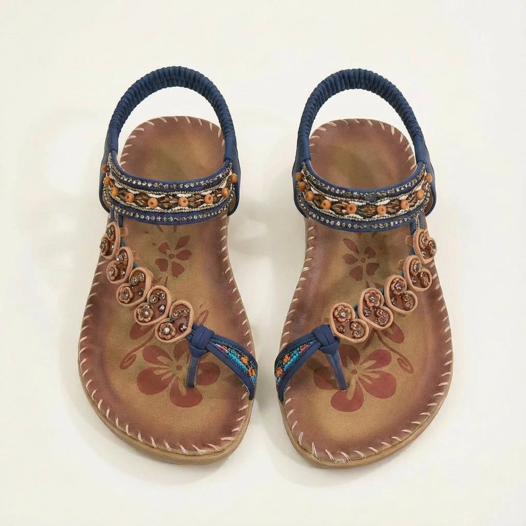 Sandalias Luna para mujer Boho – Perlas florales, suela plana, correa de verano