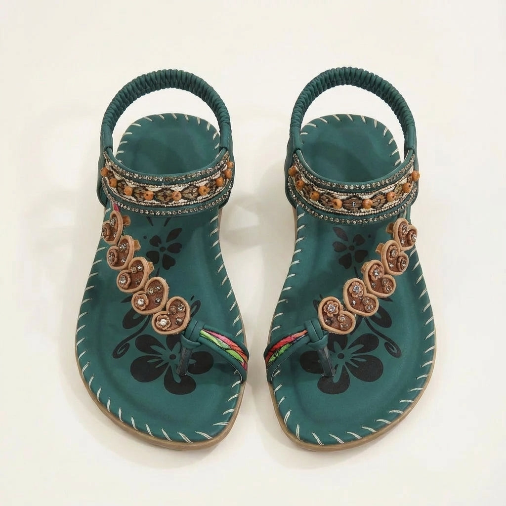 Sandalias Luna para mujer Boho – Perlas florales, suela plana, correa de verano