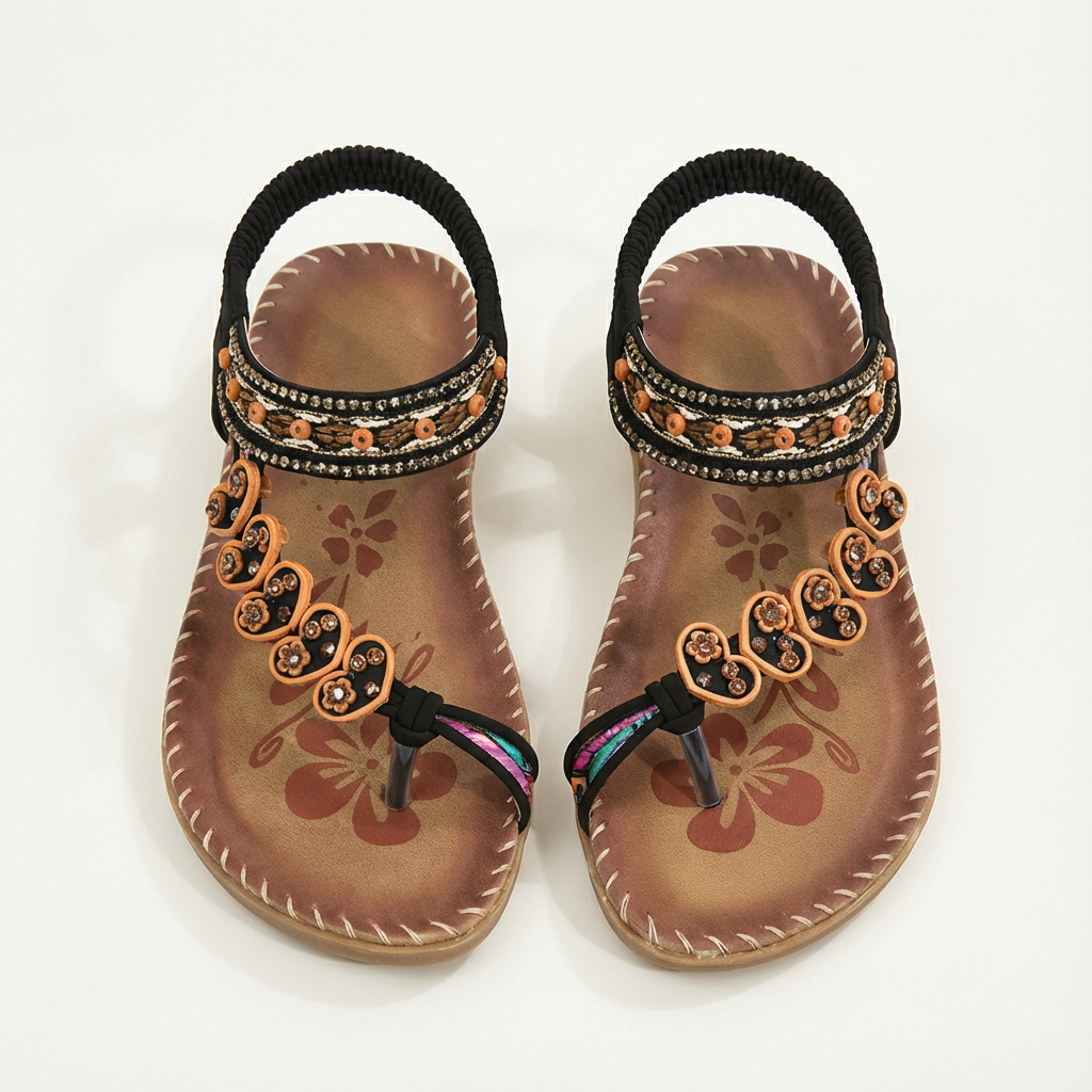 Sandalias Luna para mujer Boho – Perlas florales, suela plana, correa de verano