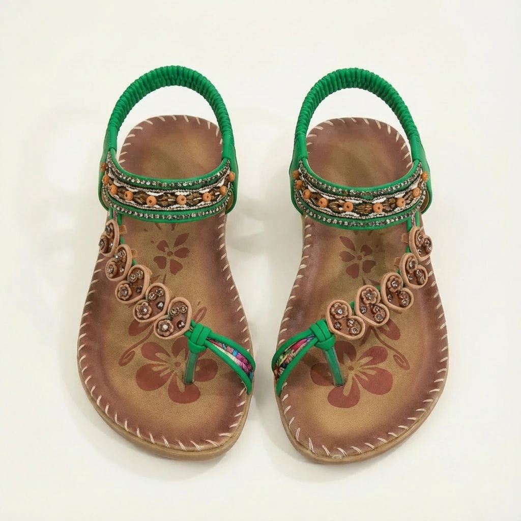 Sandalias Luna para mujer Boho – Perlas florales, suela plana, correa de verano