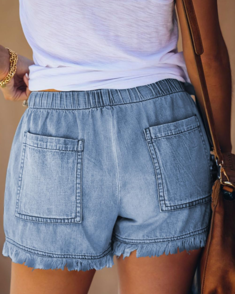 Shorts vaqueros Emily para mujer – Shorts vaqueros de cintura alta con cordón y bolsillos