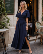 Isabelle Maxi Dress for Women – V-Neck, Smocked Waist, Puff Sleeves & Slit