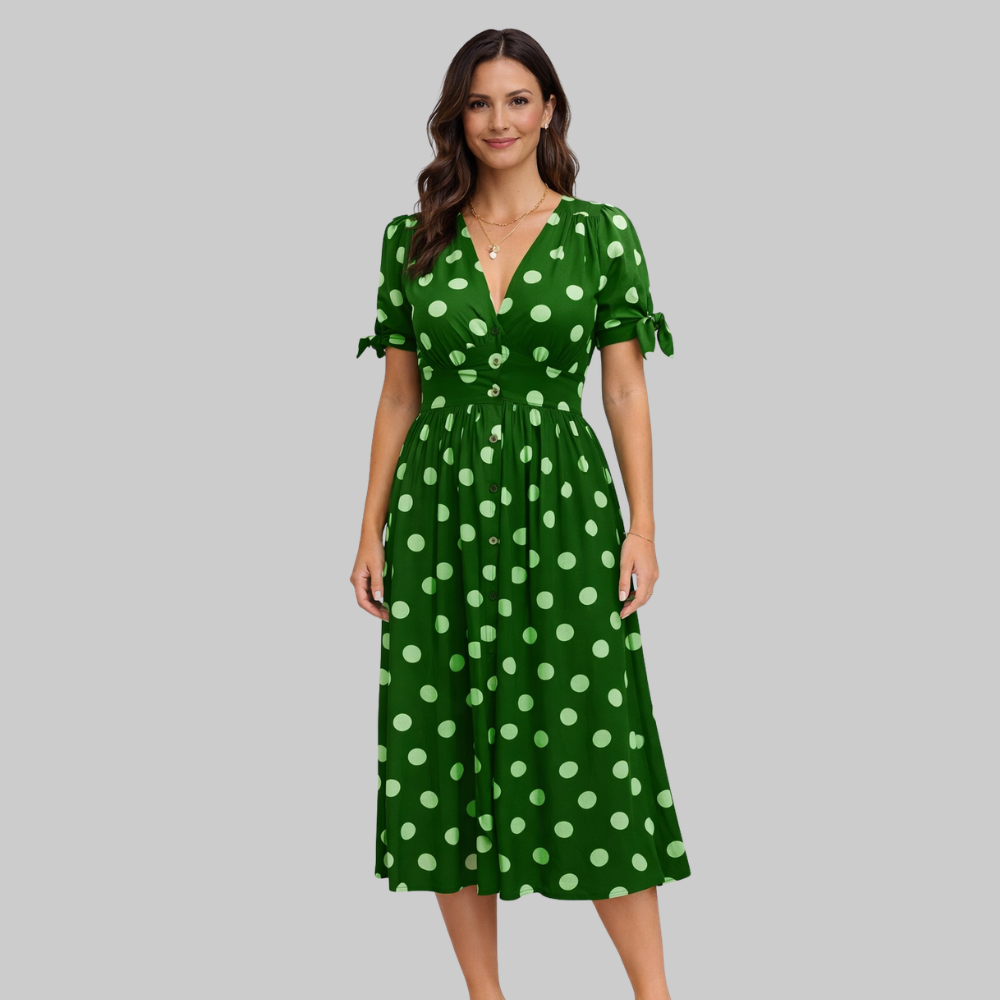 Melodie Vestido Mujer Midi de Lunares – Vestido de verano elegante con escote en V y corte en A