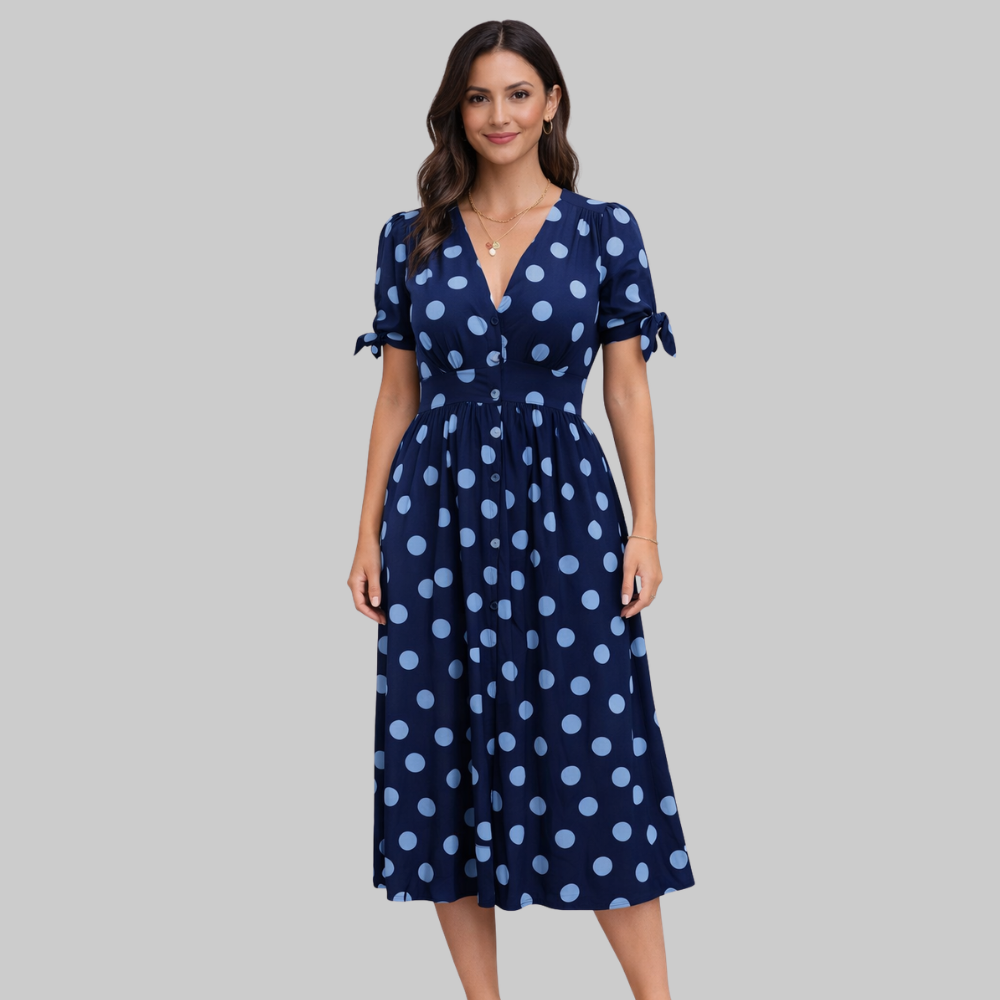 Melodie Vestido Mujer Midi de Lunares – Vestido de verano elegante con escote en V y corte en A