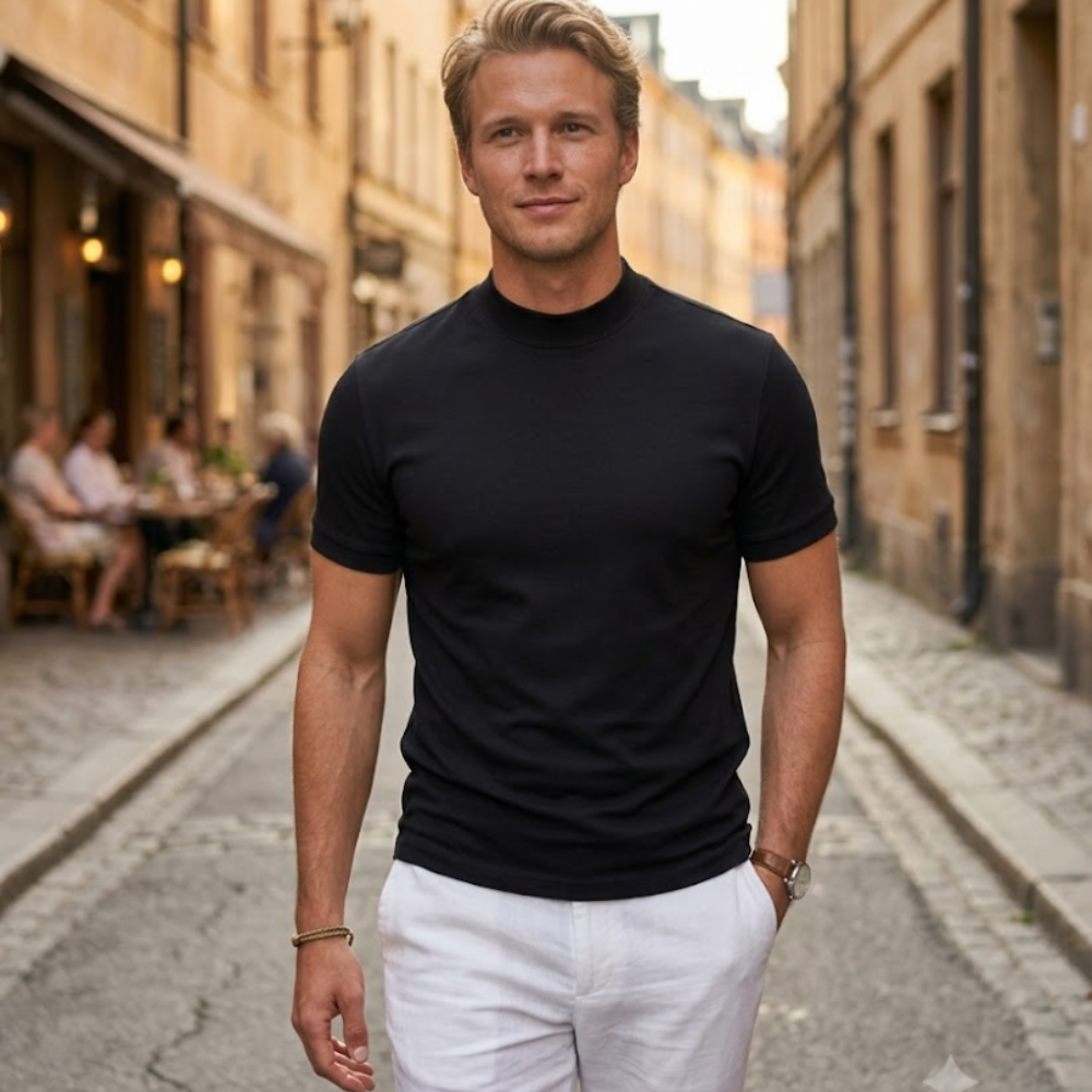 Matteo Men's Mock Neck Shirt – Elegant Stretch Short Sleeve T-Shirt