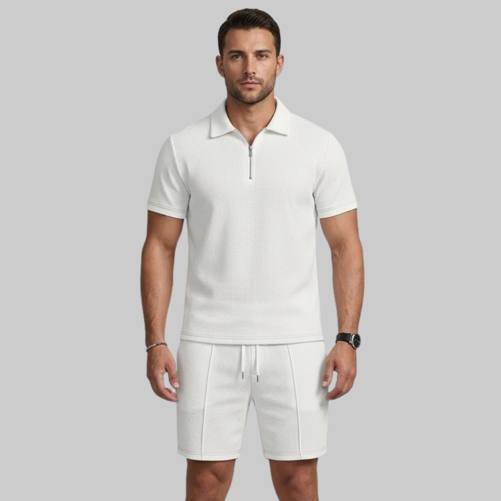 Sevi Ensemble Homme Estival Deux Pièces – Ensemble Waffle avec Chemise Zip et Short