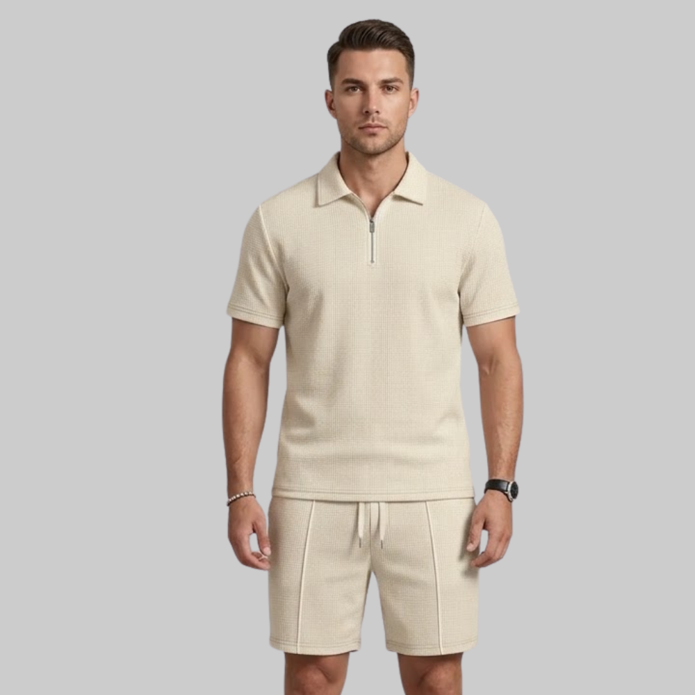 Sevi Conjunto Hombre Verano Dos Piezas – Conjunto Waffle con Camisa con Cremallera y Pantalones Cortos