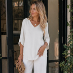 Annabella Blusa Mujer Elegante – Escote en V, Mangas Acampanadas, Ligera Casual Chic