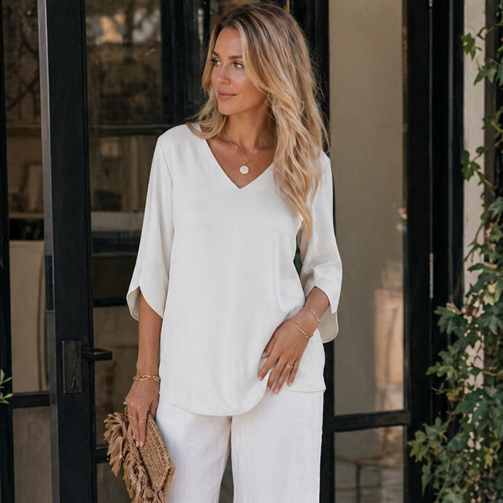 Annabella Blusa Mujer Elegante – Escote en V, Mangas Acampanadas, Ligera Casual Chic