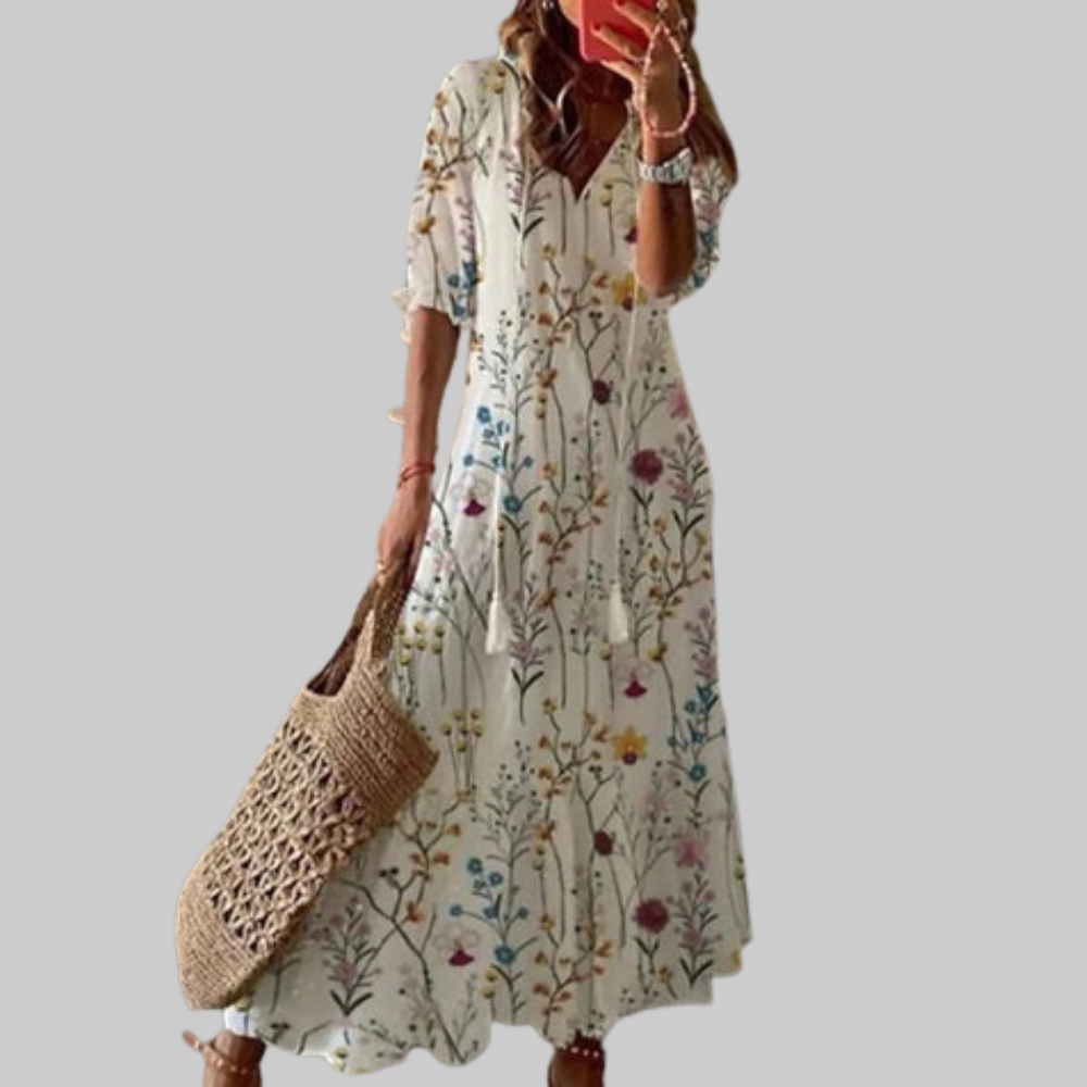 Zarya Robe Boho Femme – Maxi Robe Fluide avec Col V & Coupe Souple