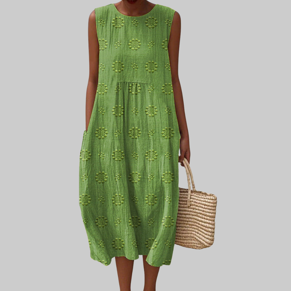 Trisha Vestido Midi Mujer – Vestido Sin Mangas de Algodón con Bolsillos & Bordado Floral